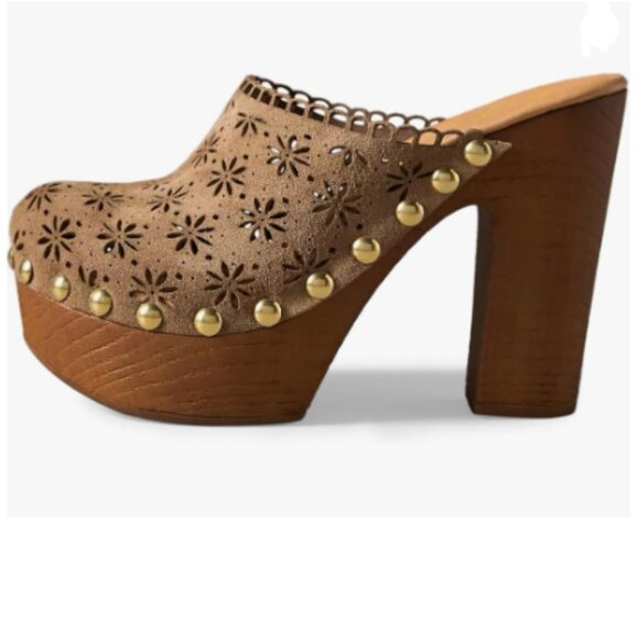 FOWT Shoes - FOWT Tan Studded Round Toe Floral Cut Out Platform Mules Chunky Heel Sandals
